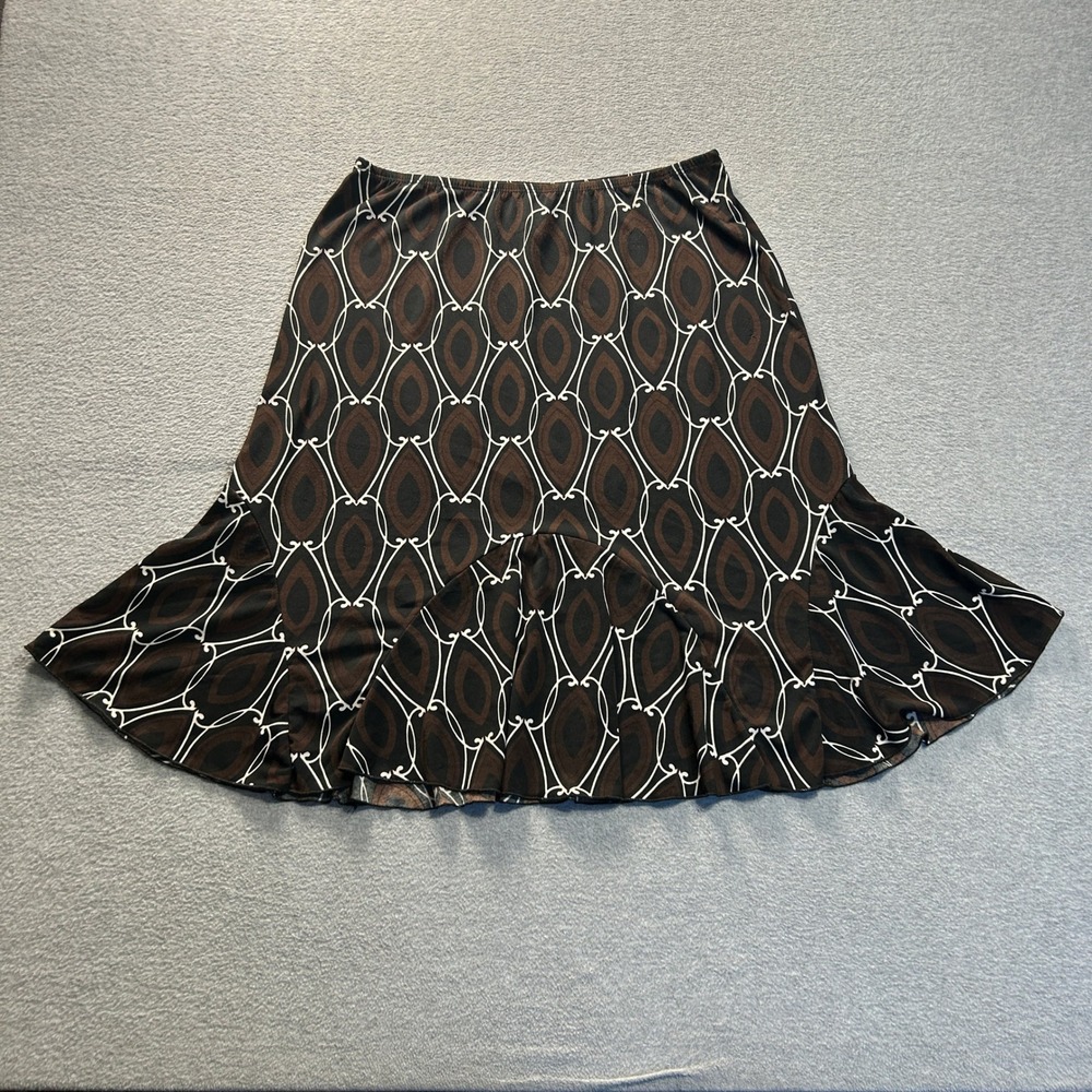 JKA California Midi Skirt Womens M 29W Brown Black Geometric Flounce Stretch